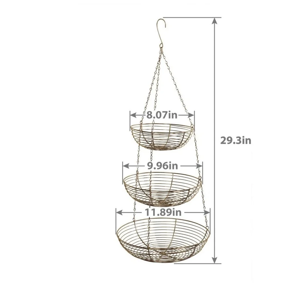 3 Tier Hanging Stainless Steel Basket Produce Plant Accessories Gold Kitchen NEW